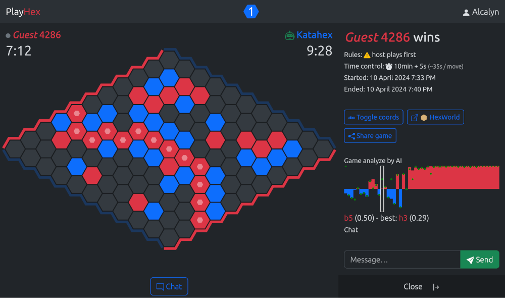 Hex game with AI analysis